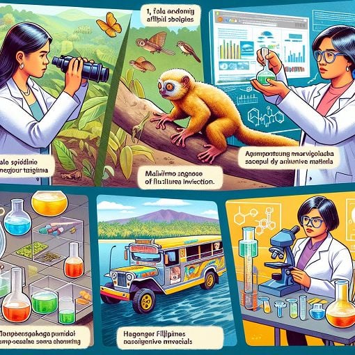 A vibrant collage of Philippine scientists, inventions, and endemic species in a colorful and educational style.