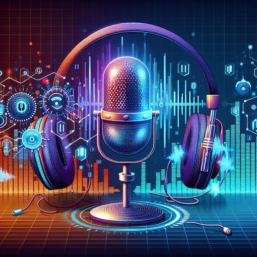 A vibrant and modern graphic illustrating podcasting, featuring microphones, headphones, and sound waves, with an emphasis on the digital aspect of audio and video content.