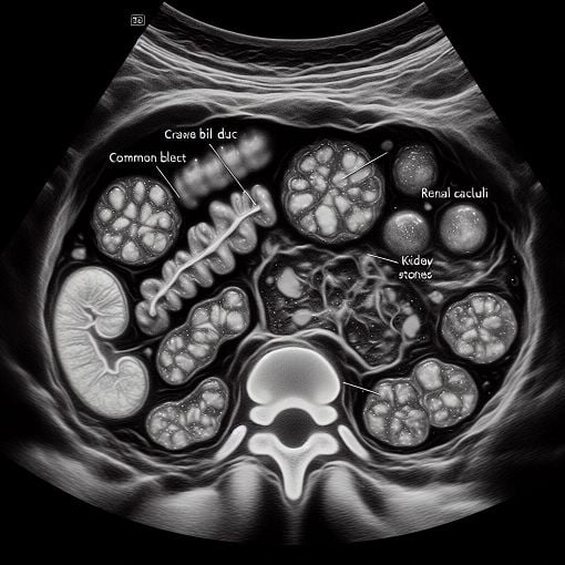 A detailed ultrasound image showing various abdominal organs, with annotations for the common bile duct, kidney stones, and other relevant areas of interest in abdominal ultrasound.