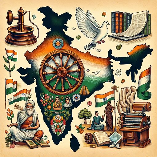 A detailed vintage map of India with symbols of its independence struggle, including iconic figures like Gandhi and the Indian flag, vibrant colors, artistic style