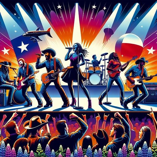 A colorful and vibrant illustration of a rock band performing on stage, featuring a spotlight on the lead singer with a crowd cheering, with elements of Texas influence.