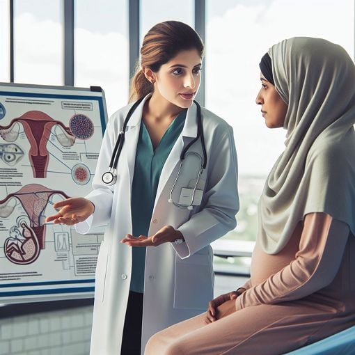 Create an image of a healthcare professional explaining postpartum hemorrhage to a new mother in a hospital setting, with visual elements like charts or medical diagrams in the background.