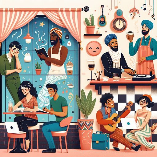 A vibrant and playful illustration featuring diverse characters representing different personality types, set in a whimsical coffee shop environment.