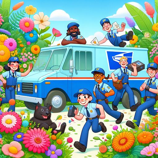 A whimsical illustration depicting a postal van surrounded by flowers, with a cheerful atmosphere, and characters resembling postal workers engaging in fun activities.