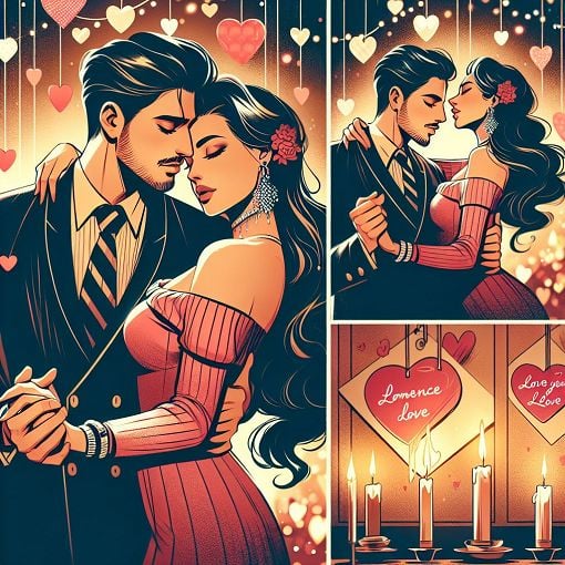 A romantic scene depicting two characters dancing in a cozy setting, surrounded by seasonal decorations like Valentine's Day hearts and colorful signs, evoking feelings of love and connection.