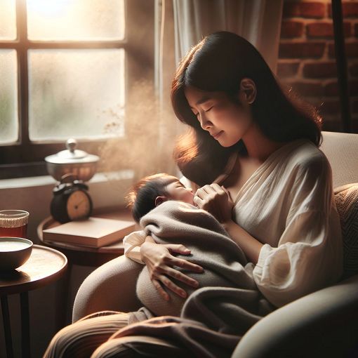 A serene mother breastfeeding her baby in a cozy environment, with soft lighting and warm colors.