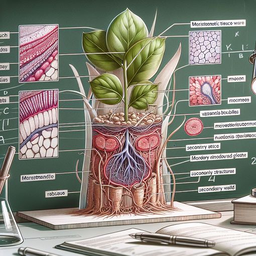 A detailed illustration of plant anatomy featuring vascular bundles, meristematic tissue, and secondary wall structures in a laboratory setting with educational labels.