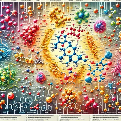 A colorful and educational illustration of amino acids, protein structures, and their roles in biochemistry, featuring molecular diagrams and vibrant colors.