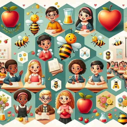 Create an engaging and colorful illustration of children in a classroom setting taking a quiz, with images of bees and health-related symbols in the background.