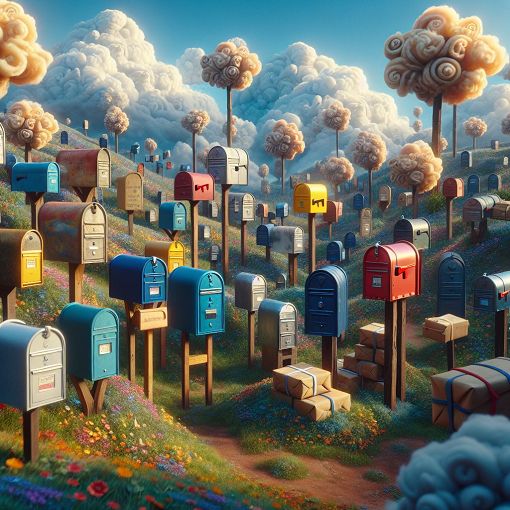 A whimsical illustration of a postal theme featuring mailboxes, parcels, and a dreamlike landscape.