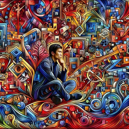 A vibrant, colorful illustration of a person contemplating their preferences in a multi-faceted, abstract room filled with different shapes and symbols representing various adult film genres.