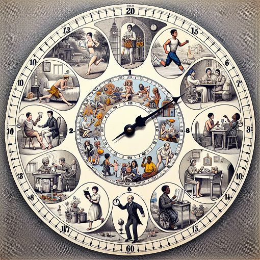 An illustrated clock showing different times with people in various activities, symbolizing different chronotypes