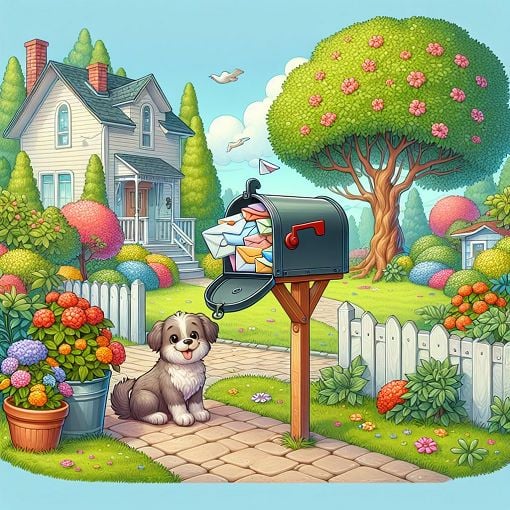 A whimsical illustration of a mailbox surrounded by letters, with a cute dog beside it, set in a cozy suburban neighborhood with trees and flowers in full bloom.