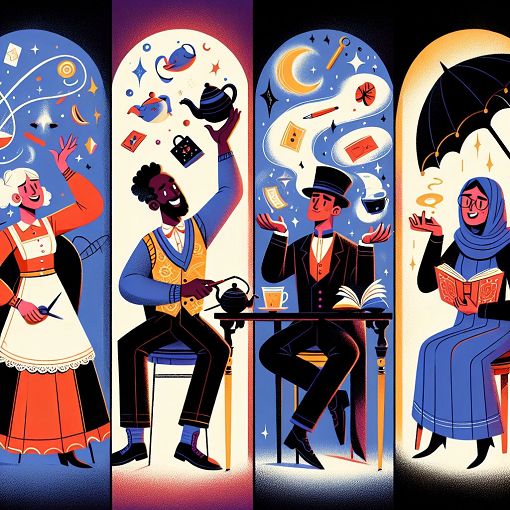 A vibrant and playful illustration depicting diverse characters engaging in whimsical and eccentric activities, fused with elements of magic and humor, invoking a sense of fun and curiosity.