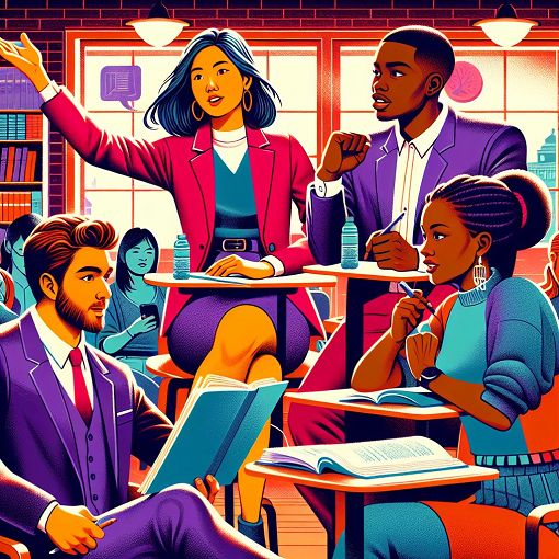 a colorful illustration of diverse debate partners collaborating and discussing strategies in a lively college environment