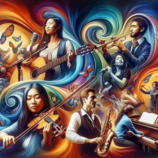 A vibrant illustration of diverse musicians engaging in various creative activities, such as songwriting, performing, and teaching in a colorful, artistic setting.