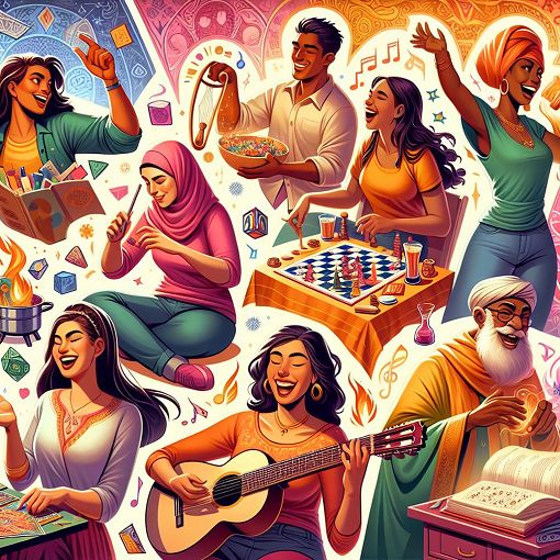 A colorful and whimsical illustration depicting diverse groups of friends enjoying various activities together, incorporating elements from pop culture references like Avatar, food, and music scenes.