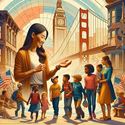 A vibrant image depicting an au pair with children in an American setting, showcasing iconic landmarks like the Golden Gate Bridge and Times Square in a warm, inviting atmosphere.