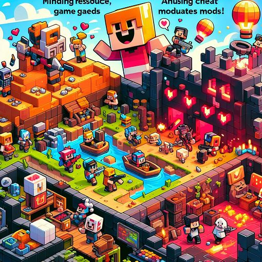 A vibrant and humorous illustration depicting various Minecraft characters and players experiencing fun and chaos in a Mega Walls game setting, with a focus on teamwork, strategy, and entertaining cheat modules.