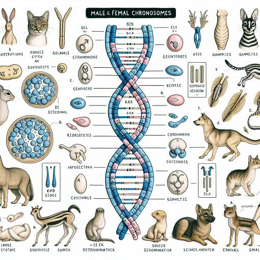 A scientifically illustrated diagram showing the differences between male and female chromosomes, gametes, and examples of animals with different sex determination systems.