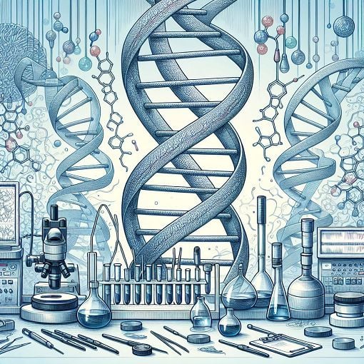 A highly detailed illustration of DNA strands with a lab setting in the background, showing various molecular biology lab equipment such as pipettes, centrifuges, and PCR machines, inviting and educational.