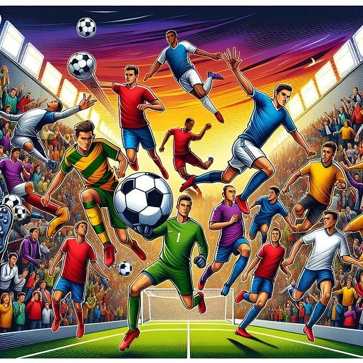 An engaging illustration of famous football players in an action-packed soccer game, featuring iconic moments and vibrant colors.