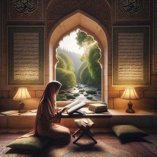 Generate an image of a person studying Tajweed rules with Qur'an and notes in a peaceful setting, surrounded by Islamic calligraphy and a serene backdrop.