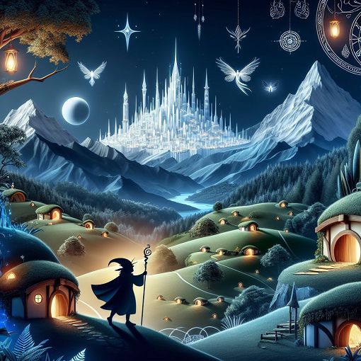 A mystical landscape of Middle Earth with iconic elements like the Shire, Minas Tirith, and a silhouette of an elf and a hobbit in the foreground, mystical lighting and fantasy elements