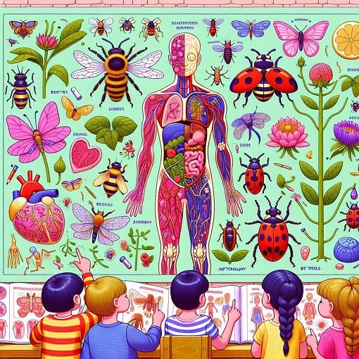 A vibrant illustration of various scientific concepts including plants, insects, and human anatomy, creating an engaging learning environment for young students.