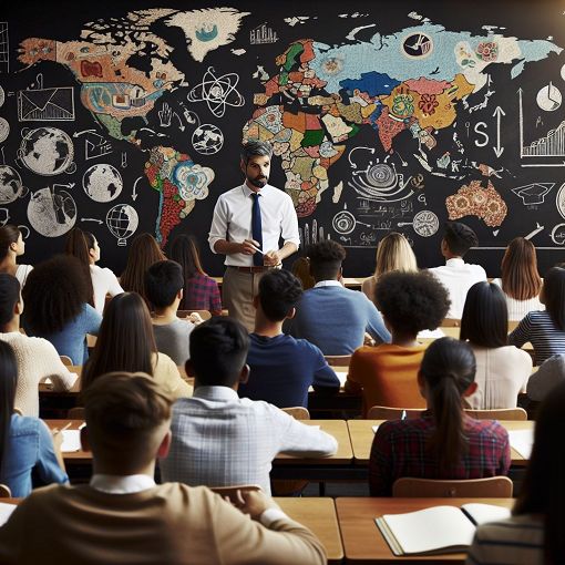 Create an image depicting a classroom with students engaging in a discussion about education and state, featuring a chalkboard with educational diagrams and a world map in the background.