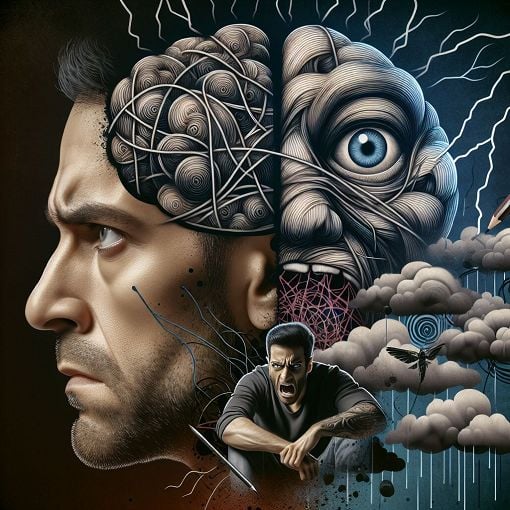 Create an image that represents anxiety disorders, featuring a brain with tangled thoughts, a person looking anxious, and visual elements symbolizing stress and fear.