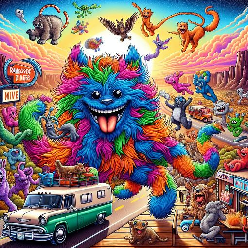 Create an illustration of a colorful and whimsical furry character surrounded by playful animals, with a road trip theme in the background, incorporating elements of fun and humor.