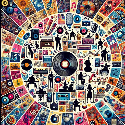 A vibrant, colorful collage of iconic music artists from different decades, including vinyl records, cassette tapes, and various music genres represented visually.