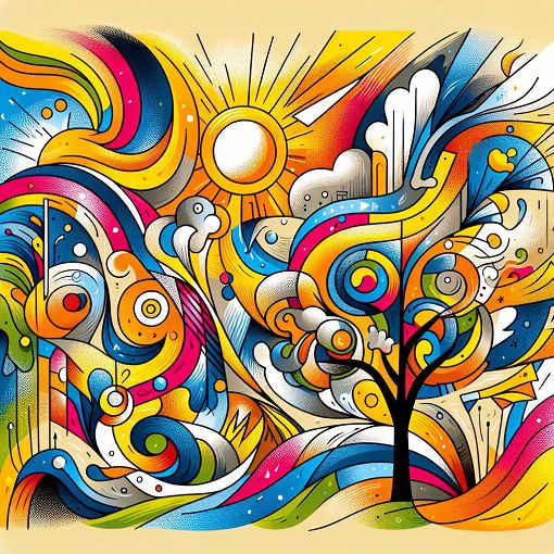 A colorful, abstract representation of various personality traits, depicting positive emotions and traits like kindness, creativity, and resilience, with a whimsical design.