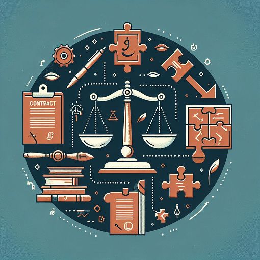 A visually engaging and informative illustration of the concepts of Indian Contract Law, featuring symbols like scales of justice, contract documents, puzzle pieces, and arrows indicating agreement and understanding.