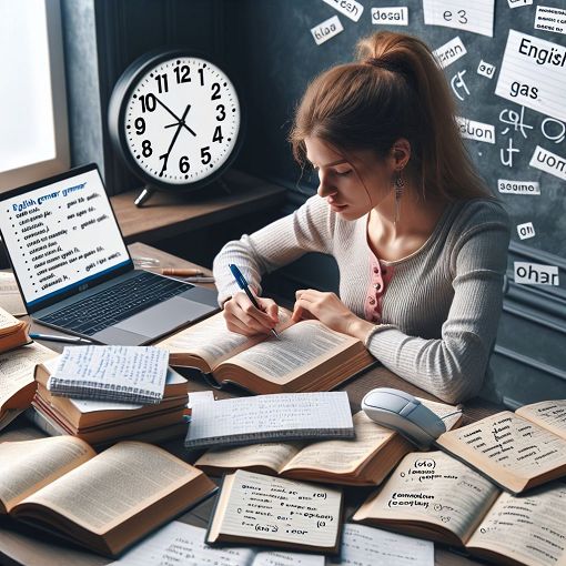 Create an image of a student studying English grammar with books and a computer, surrounded by notes and a clock showing time for a quiz.