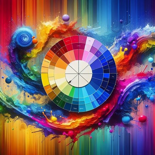 Create an image of a vibrant color wheel showcasing primary, secondary, and tertiary colors, with artistic splashes and gradients in the background.