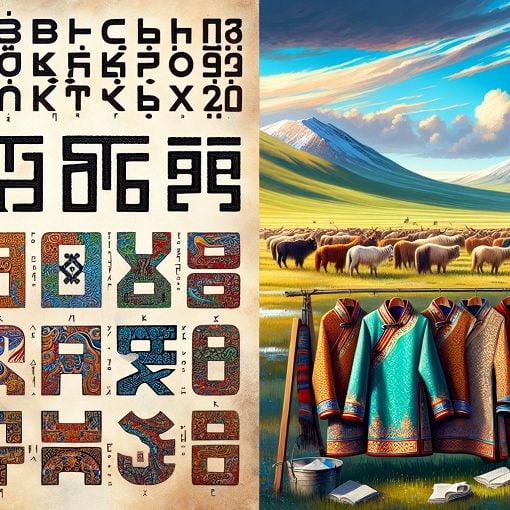 Generate an image depicting Mongolian cultural elements such as the Cyrillic alphabet, traditional clothing, and landscapes.