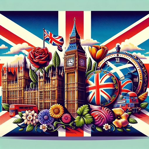 A vibrant and iconic representation of the United Kingdom, featuring elements like the Union Jack, famous landmarks like Big Ben, and symbols of the four countries: England, Scotland, Wales, and Northern Ireland.