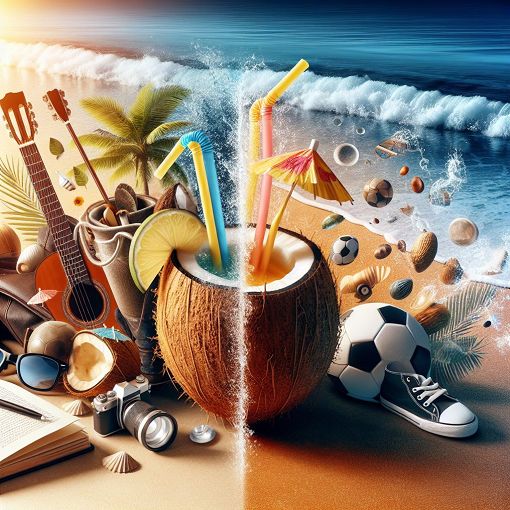 An artistic depiction of a vibrant and colorful personality with a beach setting, fun drinks, and elements representing different hobbies and interests.