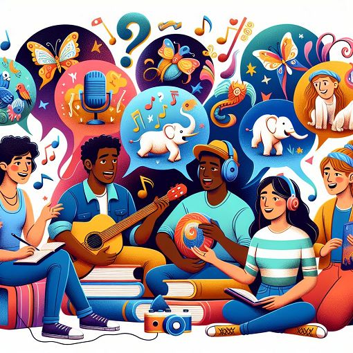 A whimsical illustration depicting diverse young people engaging in quirky conversations, surrounded by symbols of various interests like music, gaming, and animals, in a vibrant and colorful style.