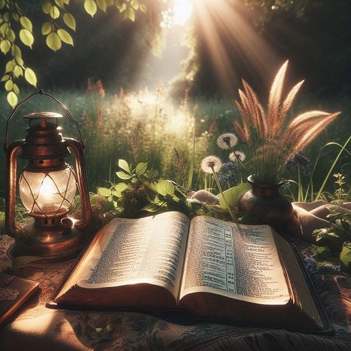 Create an image of an open Bible with highlighted verses from the Book of Romans, surrounded by nature, depicting knowledge and learning.