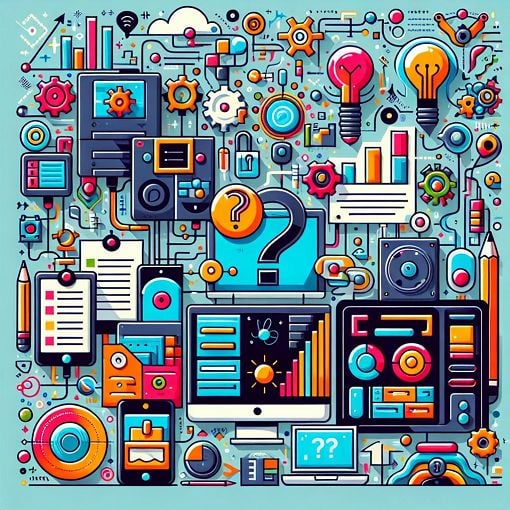 A vibrant, engaging illustration depicting various computer components such as hardware, software, and data storage devices, with a quiz theme in an educational setting.