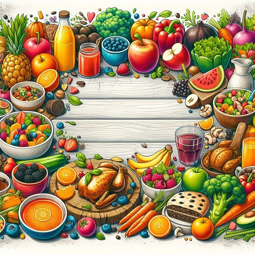 A colorful illustration of various food items such as fruits, vegetables, meals, and beverages on a wooden table, with a vibrant and inviting background.