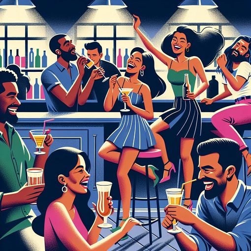 A vibrant and playful illustration of a lively nightlife scene in a bar filled with diverse people enjoying drinks, laughing, and dancing, with a colorful atmosphere that captures the essence of a fun night out.