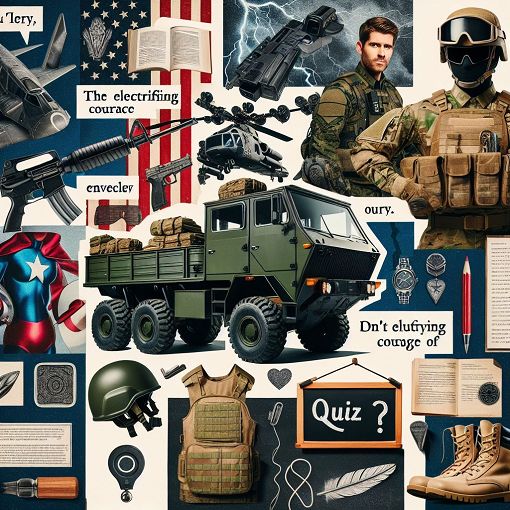 A military-themed collage featuring a Unimog, tactical gear, and iconic scenes from superhero movies, blended with a quiz-like atmosphere.