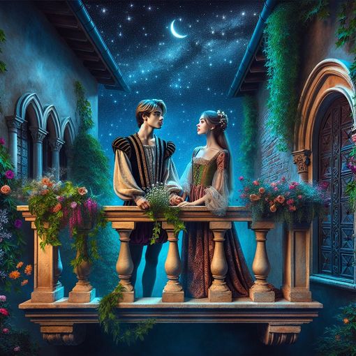 A romantic night scene depicting Romeo and Juliet on a balcony under a starry sky in Verona, Shakespearean style, with lush greenery and vibrant flowers surrounding the balcony.