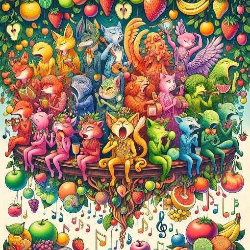 A vibrant, whimsical illustration featuring various colorful anthropomorphic characters representing different personality types, surrounded by fruits and music notes.