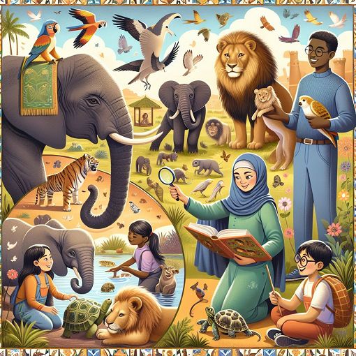 Create an engaging illustration featuring various animals in a lively environment, showcasing the themes of animal welfare and education, with a whimsical and colorful style.