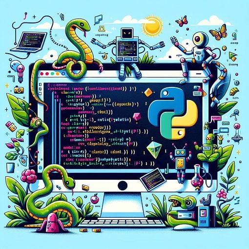 An illustration of a computer screen displaying Python code with fun characters interacting with it, highlighting fun<wbr>ctions and programming concepts in a vibrant, engaging style.